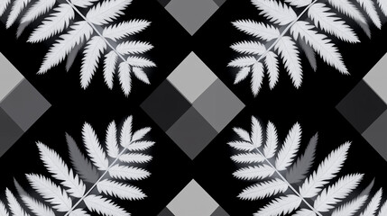 Poster - White fern leaves creating a seamless pattern on geometric black and grey background
