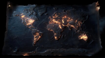 Aufkleber - Illuminated world map with glowing city lights against a dark textured background. Depicts global connectivity and urban development. Dramatic lighting with a sense of mystery and data visualization
