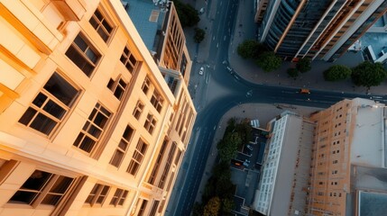 Poster - Aerial view of urban cityscape buildings intersecting at a road junction with cars and green trees under bright sunlight
