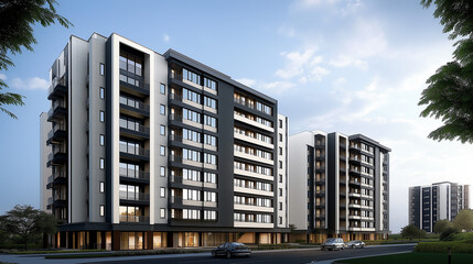 Poster - Modern apartment buildings rising in a suburban landscape at dusk
