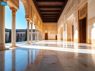 Poster - Elegant interior of a historic palace with intricate carvings polished marble floor and colonnade structure with sunlight reflecting a sense of grandeur and historical significance
