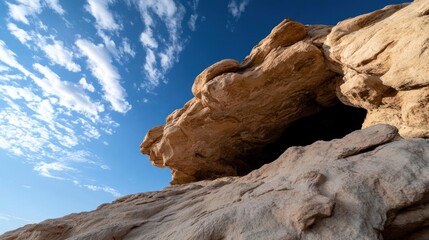 Aufkleber - Low angle shot of textured sandstone formation under blue sky with white clouds and a dark opening creating a contrast of light and shadow