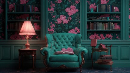 Poster - Cozy interior with an emerald green armchair antique table and patterned wallpaper illuminated by a bedside lamp creating a warm ambiance and books on shelves
