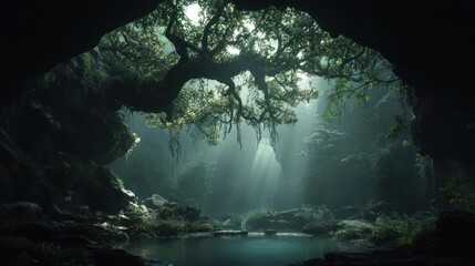 Aufkleber - Lush green forest scene with sunlight beams streaming through a cave opening and a water pool
