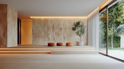 Poster - Spacious bright interior with natural stone walls warm lighting accents and large glass windows. Features minimalist decor with potted plant and outdoor greenery view