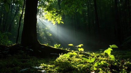 Poster - Sunlight streams through lush green forest trees illuminating foliage and undergrowth creating a vibrant natural scene with a bright ethereal effect and dappled lighting