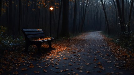 Aufkleber - A dark and moody forest scene features a path and bench illuminated by a single light with fallen leaves scattered across the ground