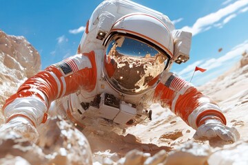 Aufkleber - Astronaut in red and white spacesuit crawling up a rocky terrain with a reflection in the helmet against a bright blue sky