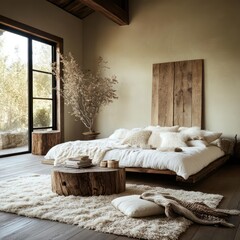 Poster - Cozy bedroom interior with natural light wooden bedframe plush bedding large window with outdoor view wooden coffee table and rug creates a warm and inviting ambiance
