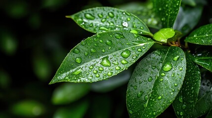 Aufkleber - Close up of wet green leaves with water droplets against a dark background