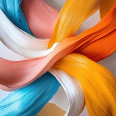 Fototapete - Abstract artwork featuring interwoven ribbons of multiple colors including blue pink orange and yellow on a white background creating a dynamic pattern