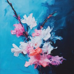 Aufkleber - Oil painting depicts delicate white and pink blossoms against a deep blue and black backdrop featuring expressive brushstrokes for an artistic floral composition