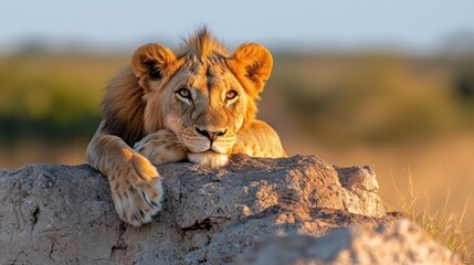 Aufkleber - Young lion rests on a rocky outcrop in golden hour light. The wildlife portrait captures the savanna background and the lion's serene gaze