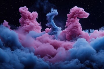 Leinwandbilder - Abstract cloud formations in pink and blue tones against a dark starry background with soft volumetric lighting. Digital art with textured look and vibrant colors