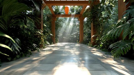 Aufkleber - Sunlit Garden pathway with stone flooring and lush greenery a wooden pergola with a hanging orange lantern natural light shining down