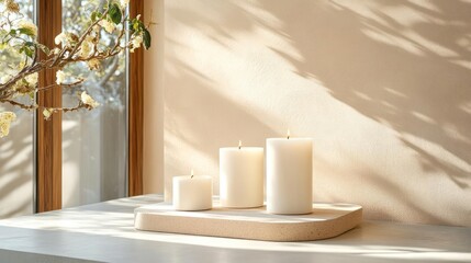Poster - Burning candles on a decorative stone tray next to a window with natural light. The scene showcases soft lighting and a peaceful atmosphere