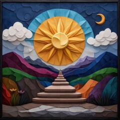 Aufkleber - Abstract artwork with textured appearance featuring a stylized sun moon and colorful mountain landscape in a geometric style