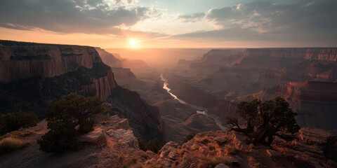 Poster - Panoramic view of a canyon at sunset featuring layered rock formations a flowing river and a vibrant sky with warm colors