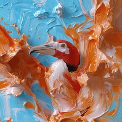 Poster - A detailed close up painting shows a colorful bird emerges from thick textured oil paint strokes in shades of orange and cyan with bright lighting