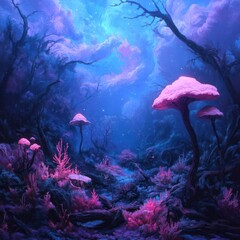 Poster - Enchanted forest landscape with glowing pink mushrooms and otherworldly trees under a starry purple and blue sky, evoking a fantasy atmosphere
