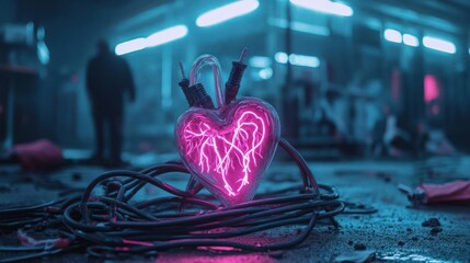 Leinwandbilder - Glowing heart shaped object with electric pattern sits on cables beneath blue neon lights. A person stands in the blurred background creating a moody atmosphere