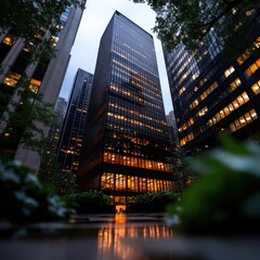 Poster - High rise buildings with glass windows reflecting warm interior lights and overcast sky, surrounded by green plants, with water reflection on ground in urban landscape