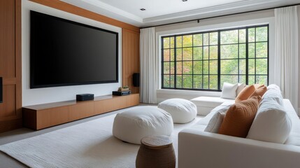 Poster - Cozy living room with large screen a white sofa with pillows and round ottoman in front of the window