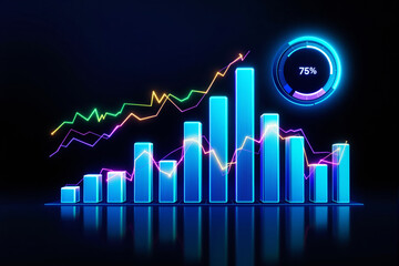 Poster - Futuristic glowing bar chart with neon financial graphs and data visualization on a dark background.