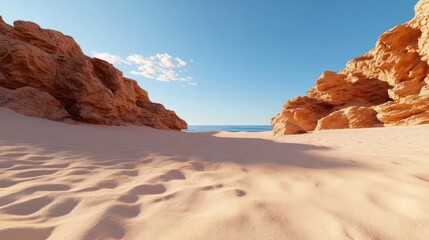Aufkleber - Sandy beach with footprints framed by rocky cliffs under a clear blue sky with sparse clouds and ocean view
