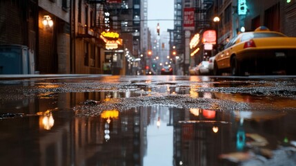 Aufkleber - Low angle view of a wet urban street at night Yellow taxi cab reflecting in the water with neon signs and buildings