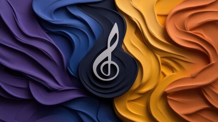 Poster - Abstract artwork featuring layered waves of purple, blue, gold and orange colors with a central silver treble clef, a creative music themed design