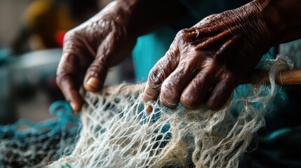 Aged hands carefully working with a fishing net with twine