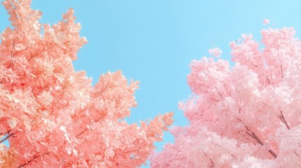 Aufkleber - Overhead shot of pink and coral foliage against a clear blue sky. The tree branches form a symmetrical pattern. The leaves have a soft texture in this bright natural light scene