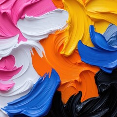Fototapete - Abstract vibrant paint strokes in multiple colors orange yellow pink white blue and black forming a textured background