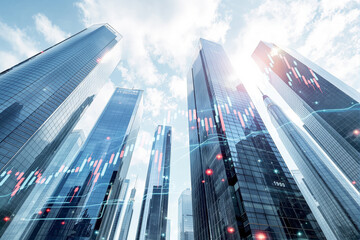 Poster - Modern skyscrapers with financial stock market graph overlay on a bright sky background.