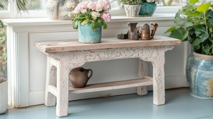 Aufkleber - Aged white wooden bench with various decorative items including flowers and pottery indoor near window