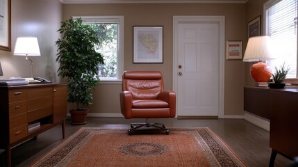 Aufkleber - An office interior featuring a brown leather chair a wooden desk and a potted plant illuminated by natural light and a lamp