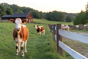 Aufkleber - Cows grazing in a green pasture near a wooden fence and barn under soft light during the golden hour capturing rural life serenity