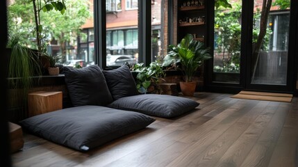 Poster - Cozy indoor scene featuring floor cushions near a large window with lush greenery views and natural lighting