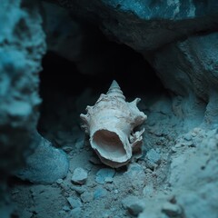 Fototapete - A detailed view captures a solitary shell nestled within a textured rock crevice. The scene is bathed in cool, blue-toned lighting, creating a mysterious atmosphere. The shell is the focal point