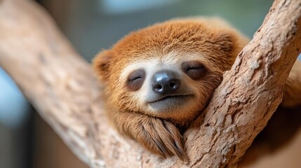 Poster - Close up of a brown sloth resting peacefully on a tree branch with blurred background and soft lighting
