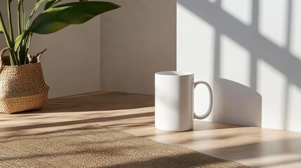 Aufkleber - White ceramic mug and potted plant in woven basket on wooden surface under sunlight shadows creating a minimalist composition with natural tones and textures