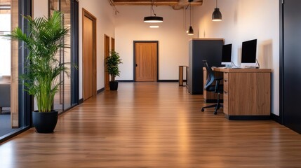 Aufkleber - Modern office interior with hardwood floors and a hallway featuring wood doors plants and desks