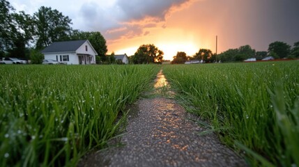 Poster - Dramatic sunset sky illuminates a flooded grassy field with a house in the background and approaching storm