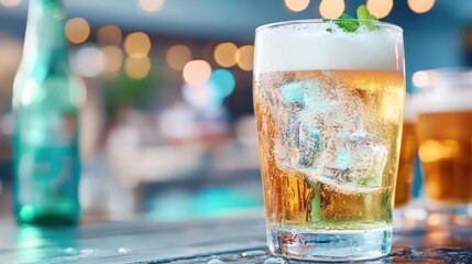 Poster - Close up shot of a refreshing drink with ice cubes and mint garnish in glass. The foreground shows droplets on wooden surface with blurred background. The color tone is vibrant