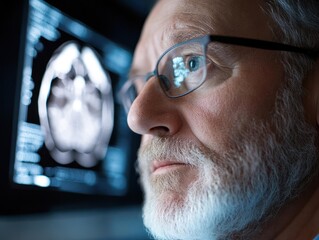Poster - Close up of a medical professional in glasses analyzing a brain scan on a computer screen in a dim environment with soft lighting