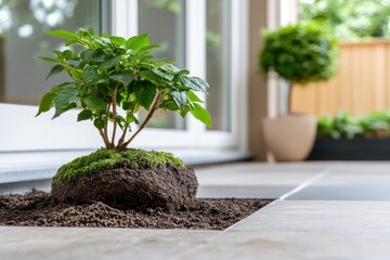 Aufkleber - Small potted green plant with lush leaves sits on textured soil in a modern outdoor patio setting next to window with another plant