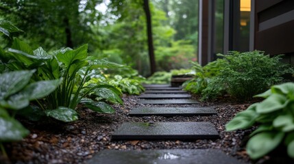 Aufkleber - Stone path through lush green garden with vibrant foliage and plants after rain near house exterior