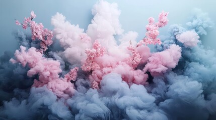 Poster - Abstract floral cloud arrangement in pink and blue hues with light background suggesting a sense of fantasy. The image showcases delicate, textured clouds