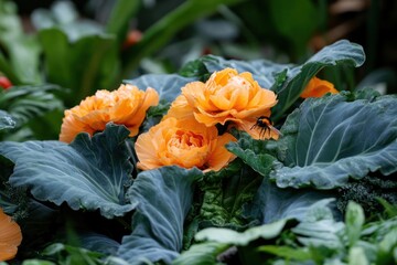 Poster - Close up of vibrant orange flowers with textured petals surrounded by large green leaves and other foliage with soft lighting and a blurred background creating a natural aesthetic